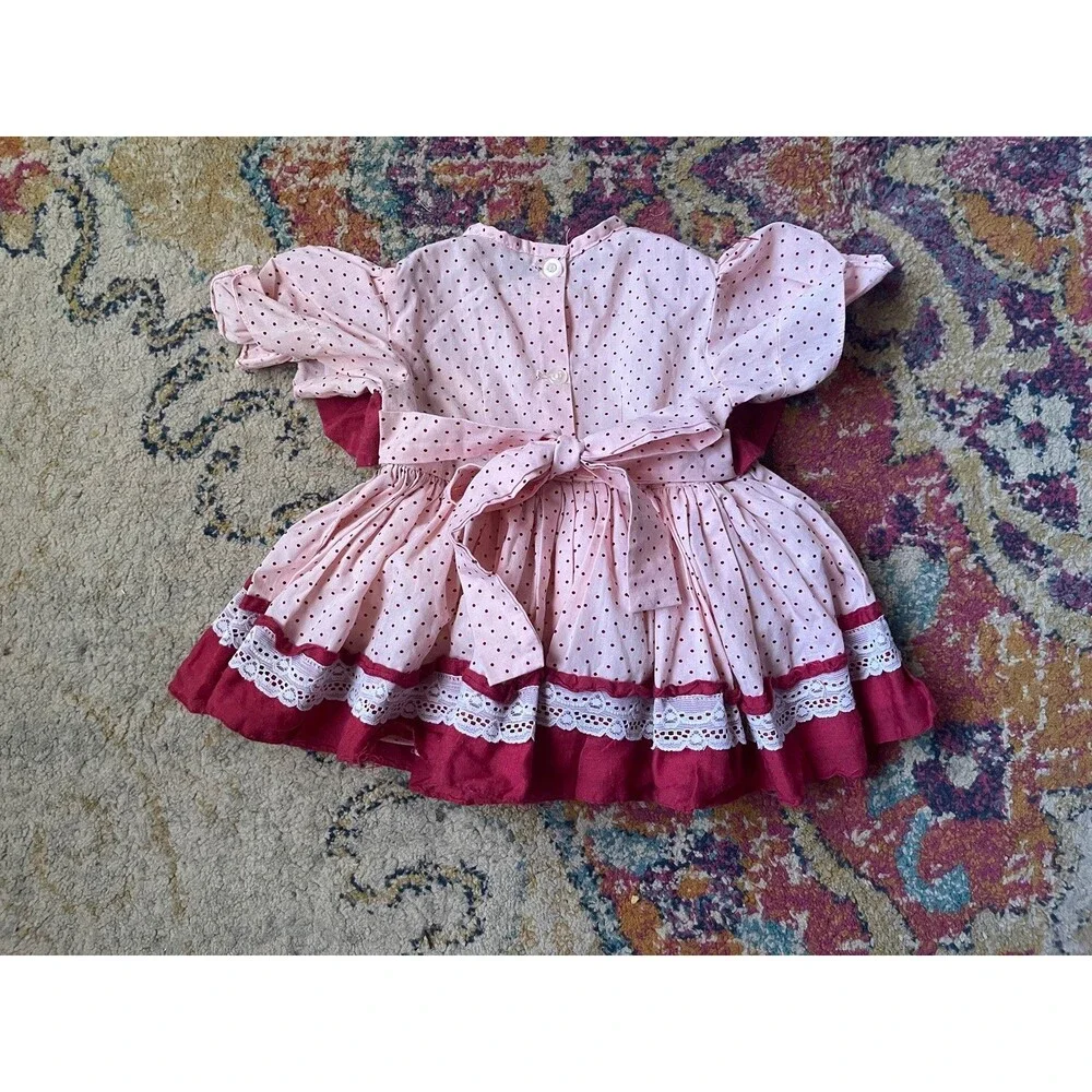Vintage Toddler Girls Pink & Red Polka Dot Ruffle Dress